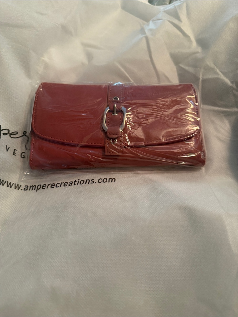 Red Women's Leather Clutch Wallet with Buckle Detail